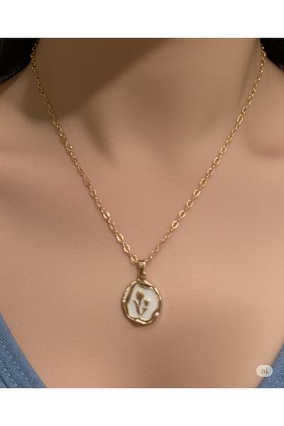 Esra Butik Hane Women's Elegant Flower Motif Pearl Detailed Gold Color Necklace – Stylish Handmade Vintage Design