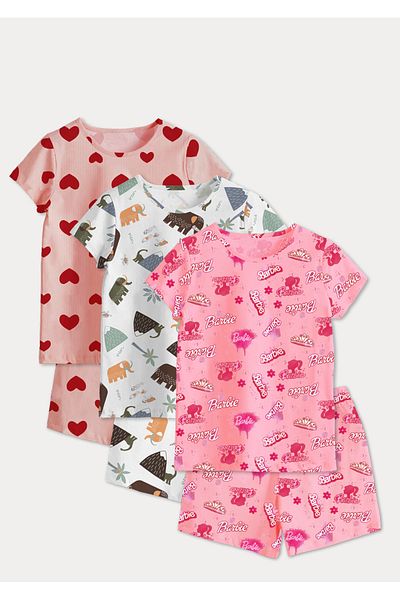 DFN Kids 4,5,6,7,8,9,10 Years Old Girls' Summer Pajamas Bottom-Top 3 Sets