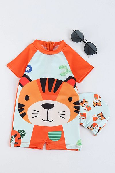 gnygiyim Boy's Character Patterned Uw Protected Jumpsuit Swimsuit with Bonnet