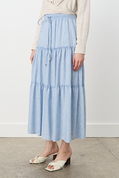 Nihan Beli Lastikli Çingene Keten Etek Mavi