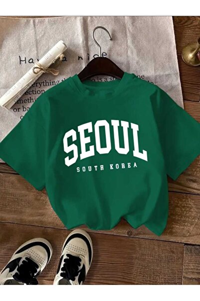 caddekombin Πράσινο μπλουζάκι από βαμβακερό χτενισμένο βαμβάκι με στάμπα της Νότιας Κορέας της Σέολ