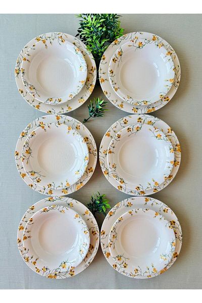 Yiğit Seramik Züccaciye Yellow Crocus Model 12 Piece Modern Dinner Set (6 Soup + 6 Dinner Plates)