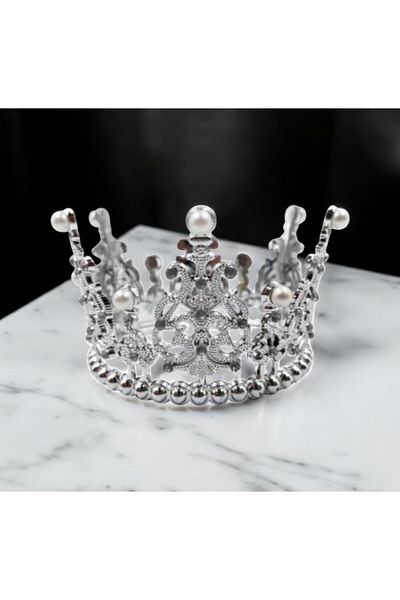 Happyland Silver Cake Crown with Pearls Mini Plastic Pearl Model Full Tour 12 X12 cm