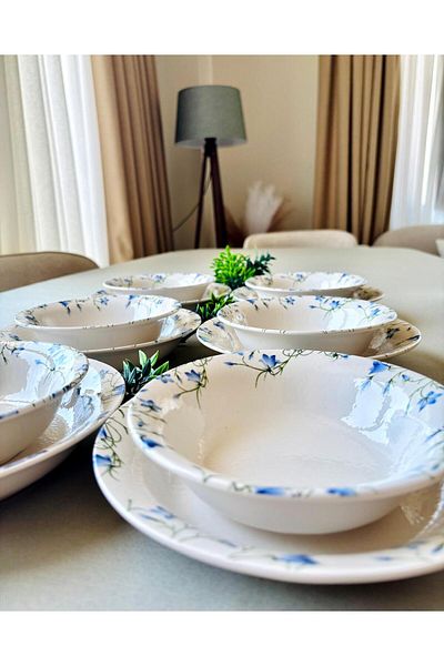 Yiğit Seramik Züccaciye Blue Crocus Model 12 Piece Modern Dinner Set (6 Soup + 6 Dinner Plates)