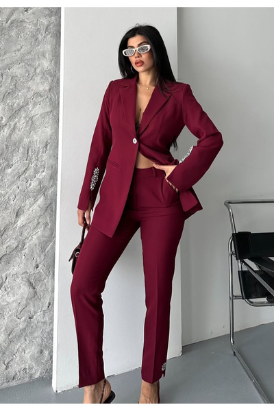 pembekurdelem Kadın Taşlı Ceket Pantolon Takım Bordo