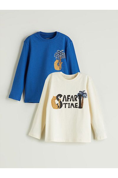 LC Waikiki Beige Crew Neck Printed Boys' T-Shirt 2-Piece