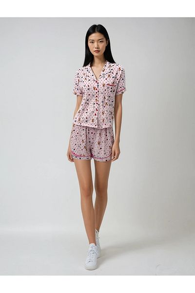 Ecrou Women's Powder Cherry Bear Baby Collar Short Sleeve Shorts Pajamas Suit