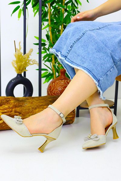 Weynes Women's Gold Stone Daisy Detailed Heeled Shoes Wsb3064