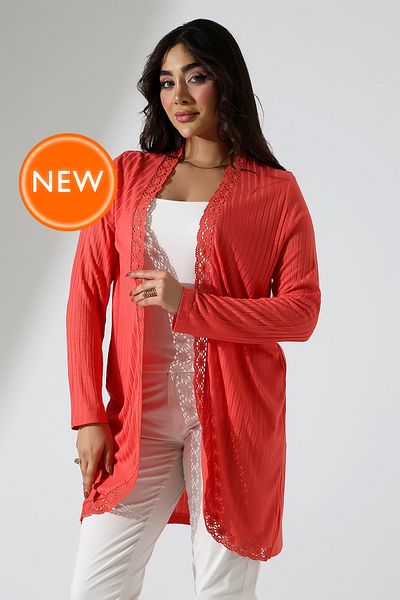 Şiir Women's Plus Size Long Sleeve Lace Guipure Detail Open Front Oval Knitted Jacquard Cardigan - Coral