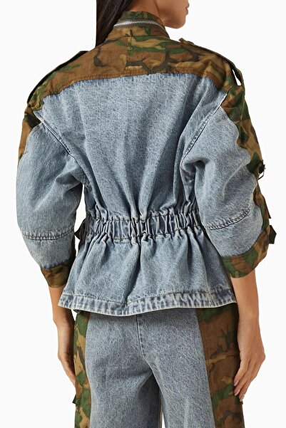 3.1 Phillip Lim Patchwork Kamuflaj Denim Ceket Rahat Kesim, Bel Büzgülü, Oversize Cepli