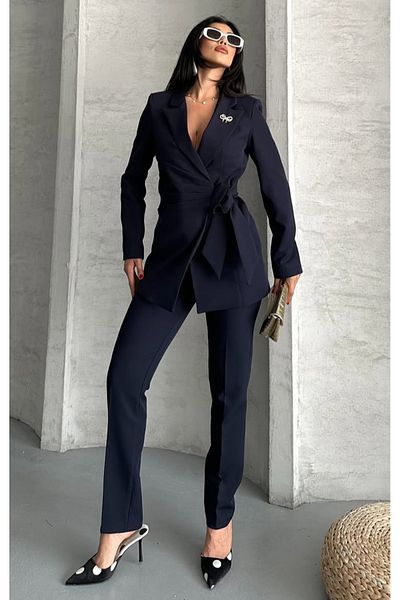 pembekurdelem Women's Tie-Up Jacket Trousers Suit Navy Blue