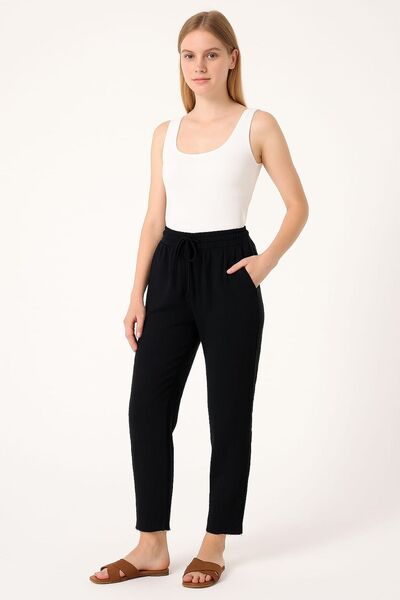 enmodaiçgiyim 100% Cotton Muslin Fabric Black Women's Trousers – Elastic Waist, Laces, Pockets, Narrow Legs