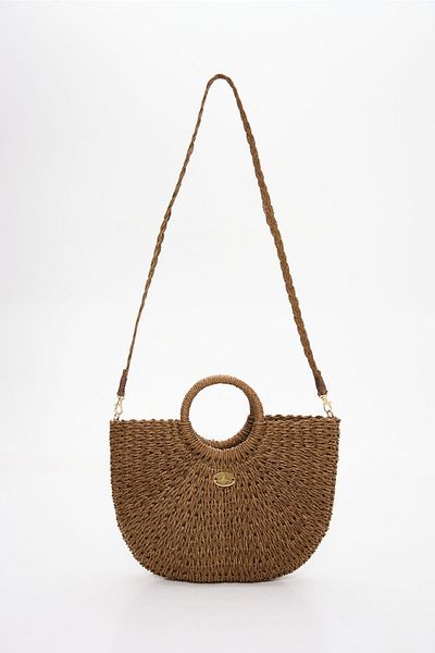 Haşema Brown Knitted Straw Bag with Signature Detail 3220