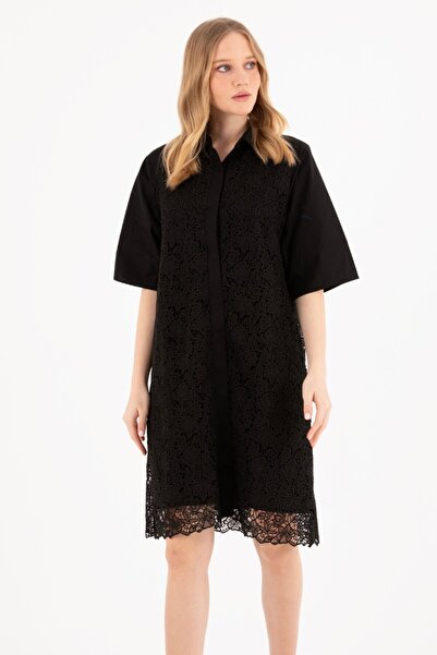 By Mare Style Leydie-Floral Lace Detailed Pure Cotton Black Brode Shirt Dress