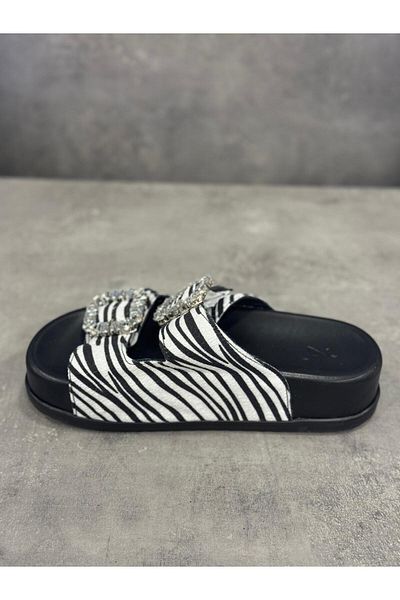 Zeyn Slippers Hand Made Genuine Leather Zebra Patterned