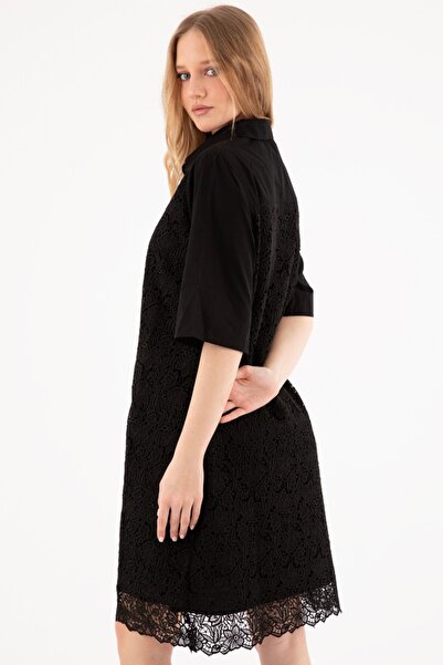 By Mare Style Leydie-Floral Lace Detailed Pure Cotton Black Brode Shirt Dress