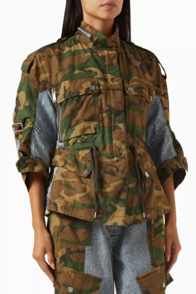3.1 Phillip Lim Patchwork Kamuflaj Denim Ceket Rahat Kesim, Bel Büzgülü, Oversize Cepli