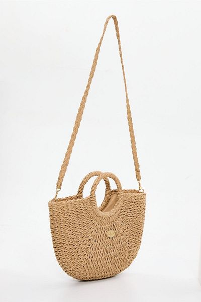 Haşema Signature Detailed Camel Color Knitted Straw Bag 3221