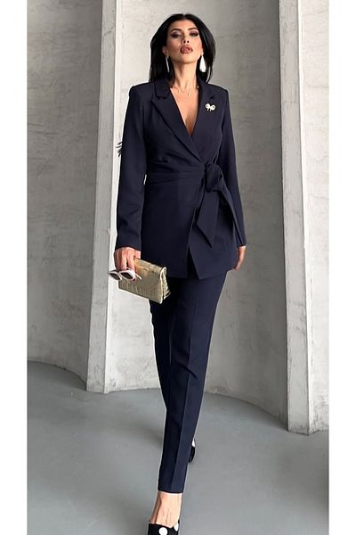 pembekurdelem Women's Tie-Up Jacket Trousers Suit Navy Blue