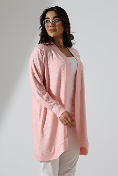 Şiir Sola Γυναικεία Μεγάλη Μέγεθος Βαμβακερή Μακρυμάνικη Ανοιχτή Μπροστινή Οβάλ Πλεκτή Ζακάρ Ευέλικτη Ζακέτα - Salmon