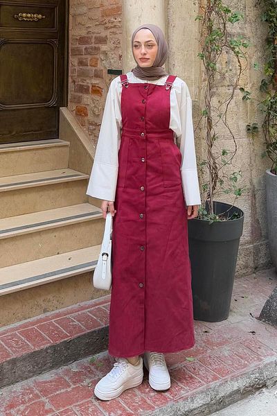 lamelif Front Buttoned Salopet Claret Red