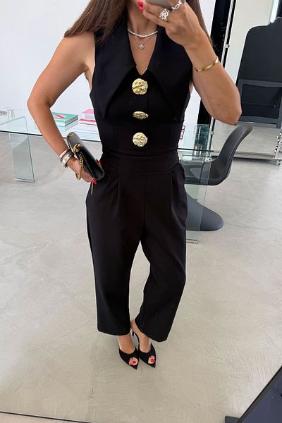 Özge Özgenç Gold Buttoned Bib Collar Jumpsuit