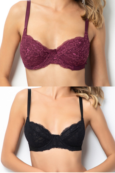 ZENCHES 2-Piece Lace Detailed Underwire Minimizer Gathering Bra