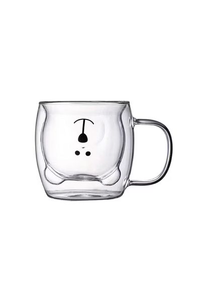 LDA Transparent teddy bear mug for tea, coffee, hot/cold drinks, double wall, capacity 250 ml, dimensions 6x8.5x9.5cm