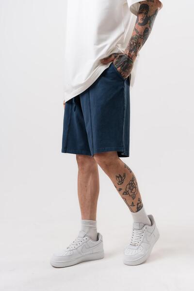 Respire Men's Front Embroidery Detailed Waist Elastic Shorts Navy Blue