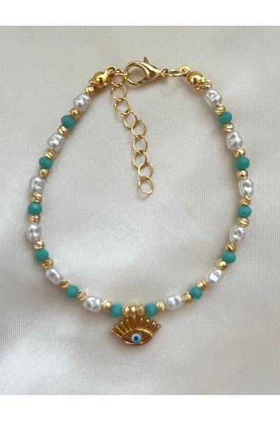 Goche Women's Bracelet with Pearl and Turquoise Beads Evil Eye Eye Figure