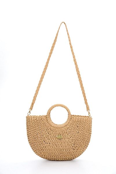 Haşema Signature Detailed Camel Color Knitted Straw Bag 3221