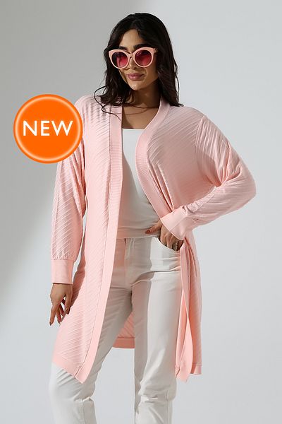 Şiir Nova Women's Plus Size Combed Cotton Long Sleeve Knitted Jacquard Stretchy Cardigan with Belt - Salmon