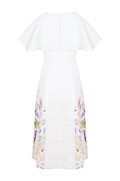By Mare Style Heart Collar Floral Printed Midi Pure Linen Dress
