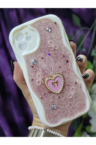 Magic Ring Iphone 11 Uyumlu Kalpli Pembe Simli İnci ve Kurdele Detaylı Şık Te...