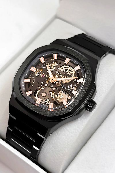 Ferrucci Automatic Mechanism Steel Cord&Case Men Wrist Watch Bracelet Black Zmfer189
