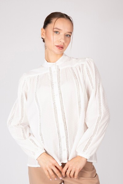 By Mare Style Orva-Hakim Yaka Pure Cotton Embroidered White Shirt