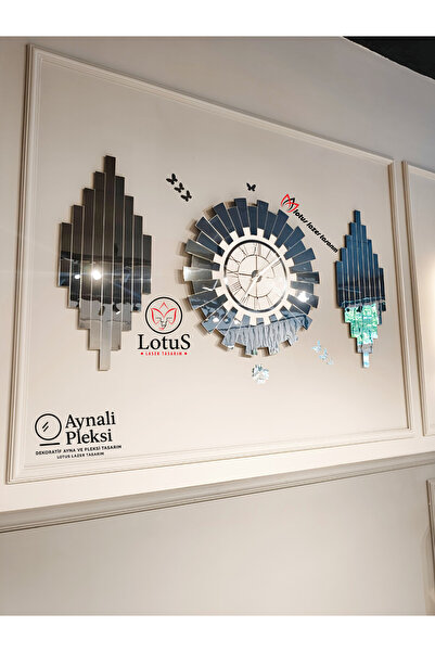 LotusLazer Tasarım 3’lü Aynalı Pleksi Duvar Saati Seti – Gümüş Beyaz Dekorati...