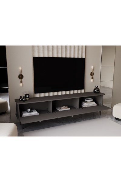 melura home LUNARIS TV ÜNİTESİ 200 CM 3 KAPAKLI OVAL KENAR %100 MDF LAKE AHŞAP AYAKLI