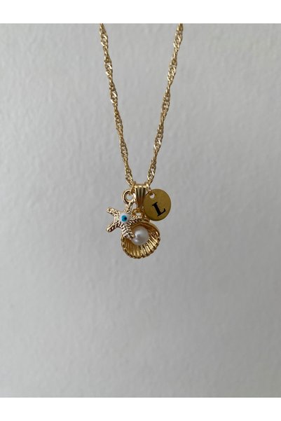 Fiamoss Oyster Detailed Letter and Evil Eye Necklace