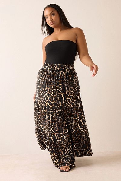 Stil Diva Plus Size Wrinkle Fabric Leopard Patterned Elastic Waist Skirt 304237