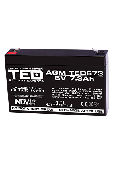 TED Electric Baterie reîncărcabilă F1/T1 6V staționară VRLA 7.3Ah AGM, dimensiuni 151x34x94 mm, TED673
