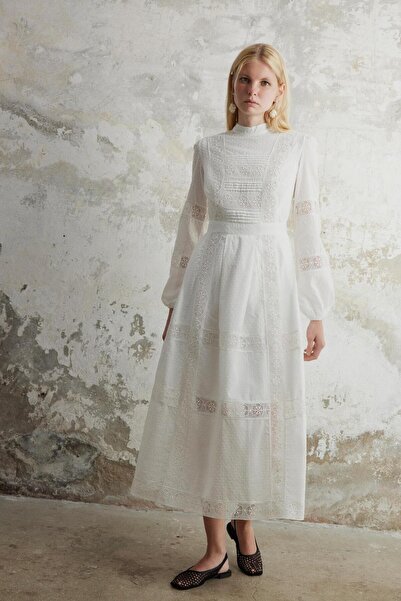 By Mare Style Harmonie-Pure Organic Cotton Guipure Detailed Long White Dress