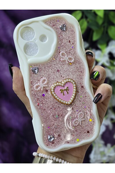 Magic Ring Iphone 16 Uyumlu Kalpli Pembe Simli İnci ve Kurdele Detaylı Şık Te...