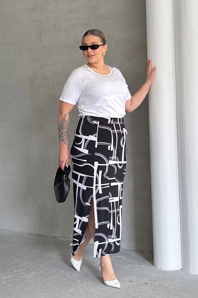 Stil Diva Plus Size Elastic Waist Abstract Patterned Slit Detailed Long Skirt 98-120