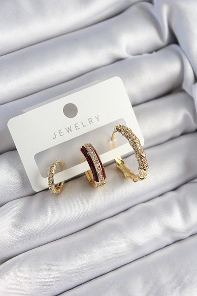 Clariss Brass Zircon Stone Burgundy Ring Model Gold Color 3-Piece Double Women's Earring Set