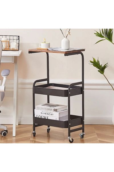 FOXMAG24 Portable coffee table with wheels, carbon steel, 2 shelves + work surface, 79×43×30 cm, black