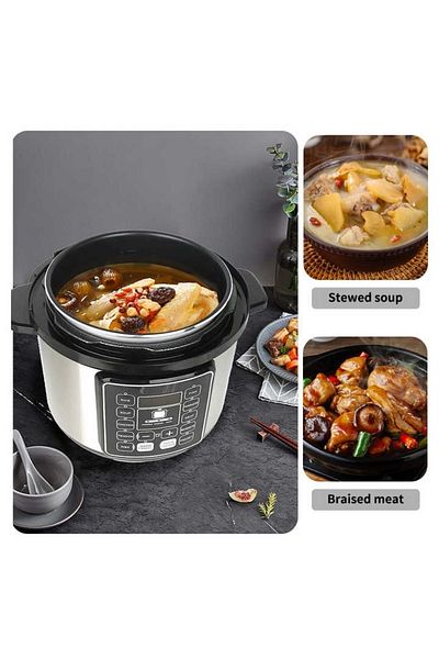 FOXMAG24 Multicooker 6L, 14 programe, gătit sub presiune, control al temperaturii, oprire automată, menținere la cald, negru/argintiu