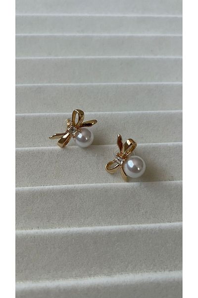 Goche Gold Bow Model Pearl Stone Women's Earrings