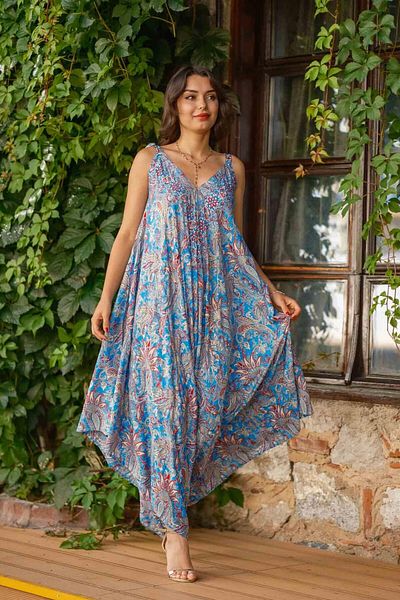 Miss Boheme Blue Color Halter Neck Open Back Silk Jumpsuit