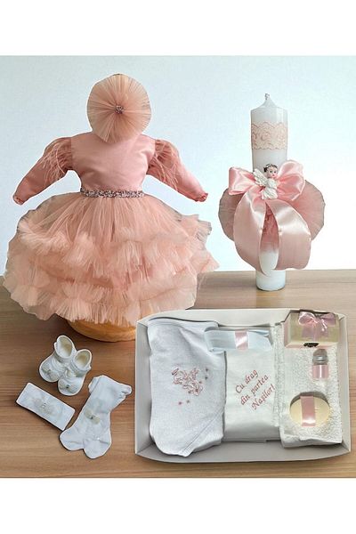 Botez cu Alina Amira baptism set – powder with train and ruffles